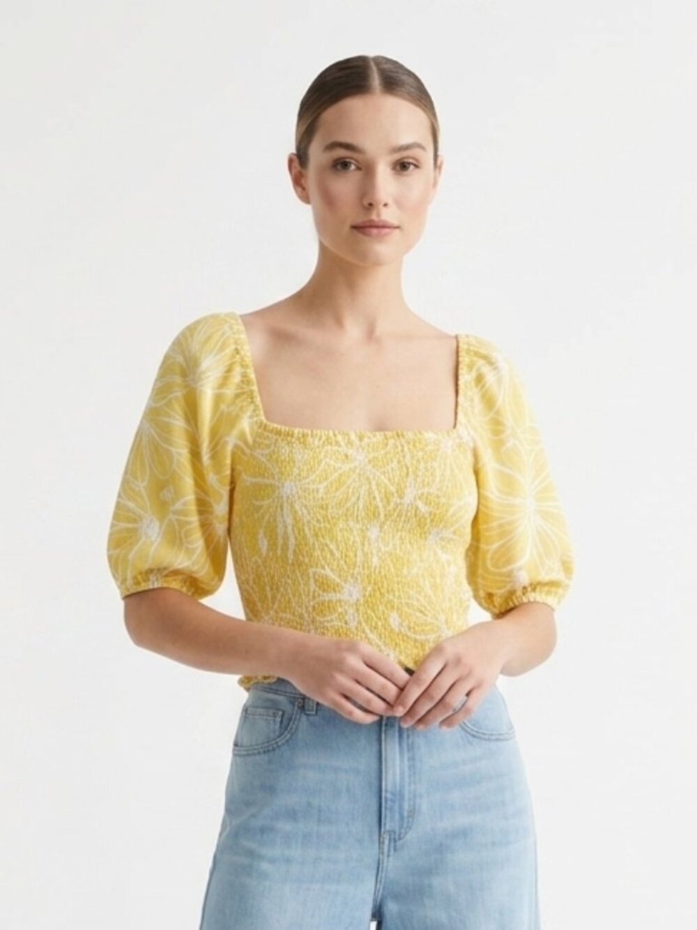 Universal Thread Blouse Yellow White Floral Smocked Tropical Beach Summer L